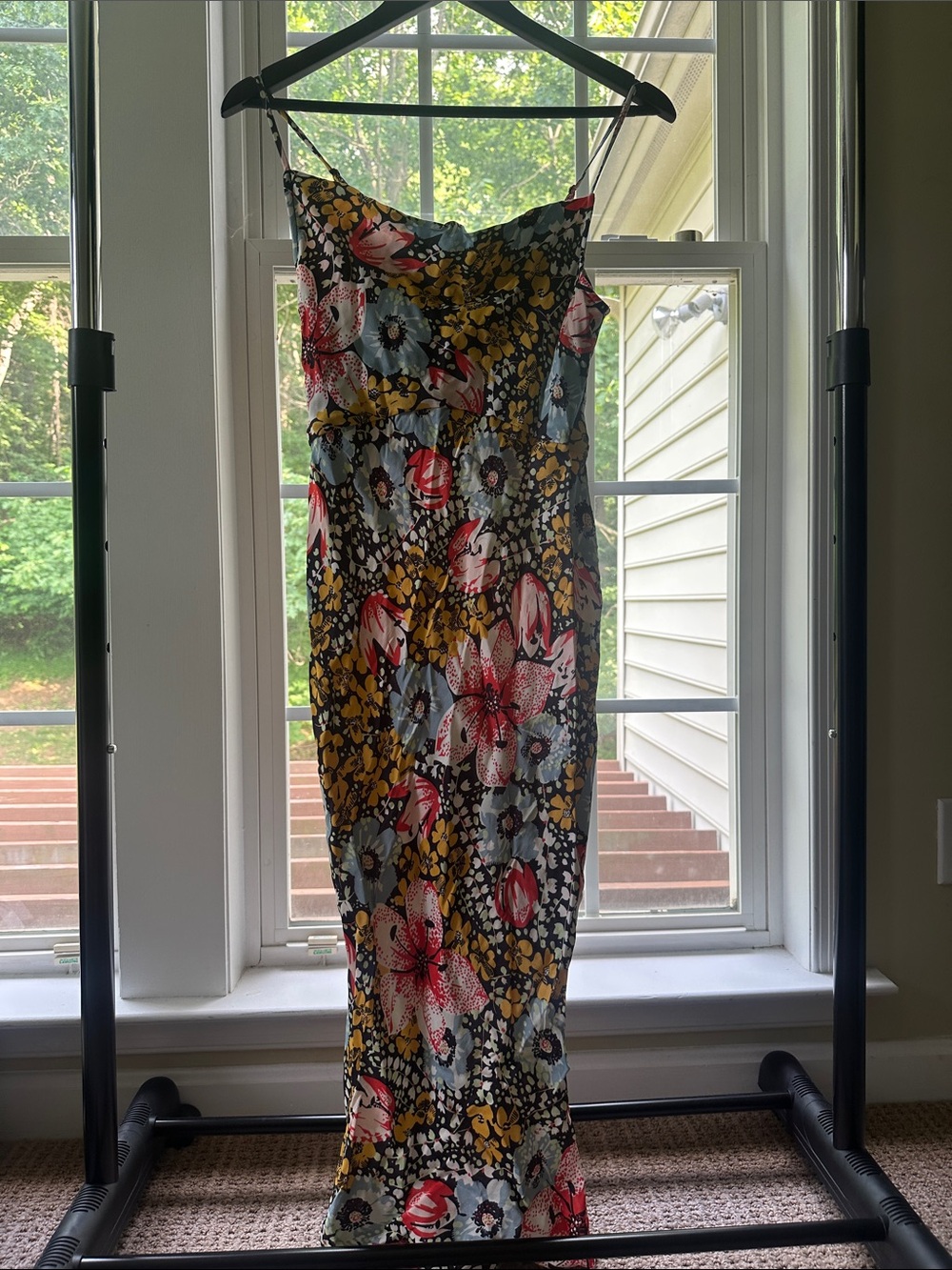 Anthropologie Black Floral Slip Dress with Pink, Yellow & Blue Blooms